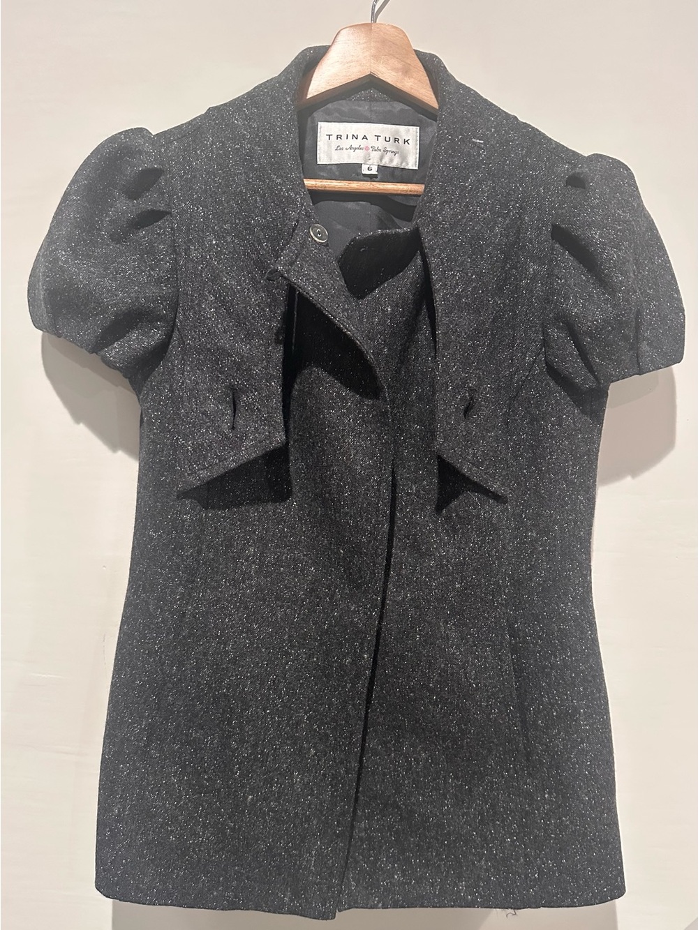 Trina Turk Wool Silk Coat Women’s 6 Charcoal Puff Sleeve Bow Made USA NWT